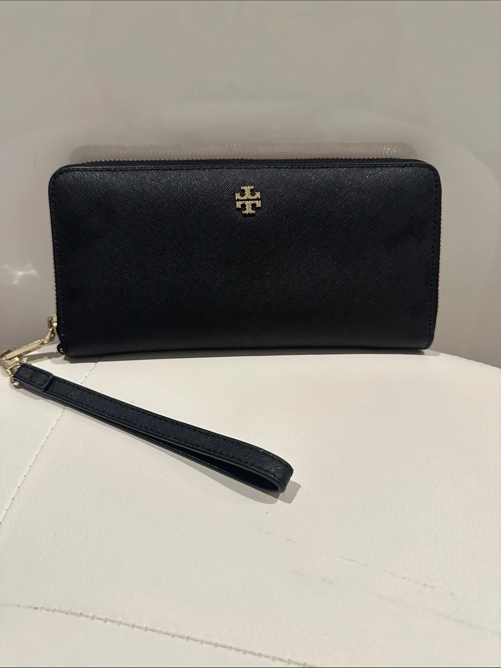 Tory Burch Black Saffiano Zip Wristlet with Gold Logo